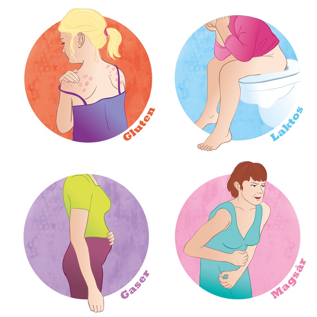 Illustration som visar olika symptom vid mag- och tarmbesvär. IBS.