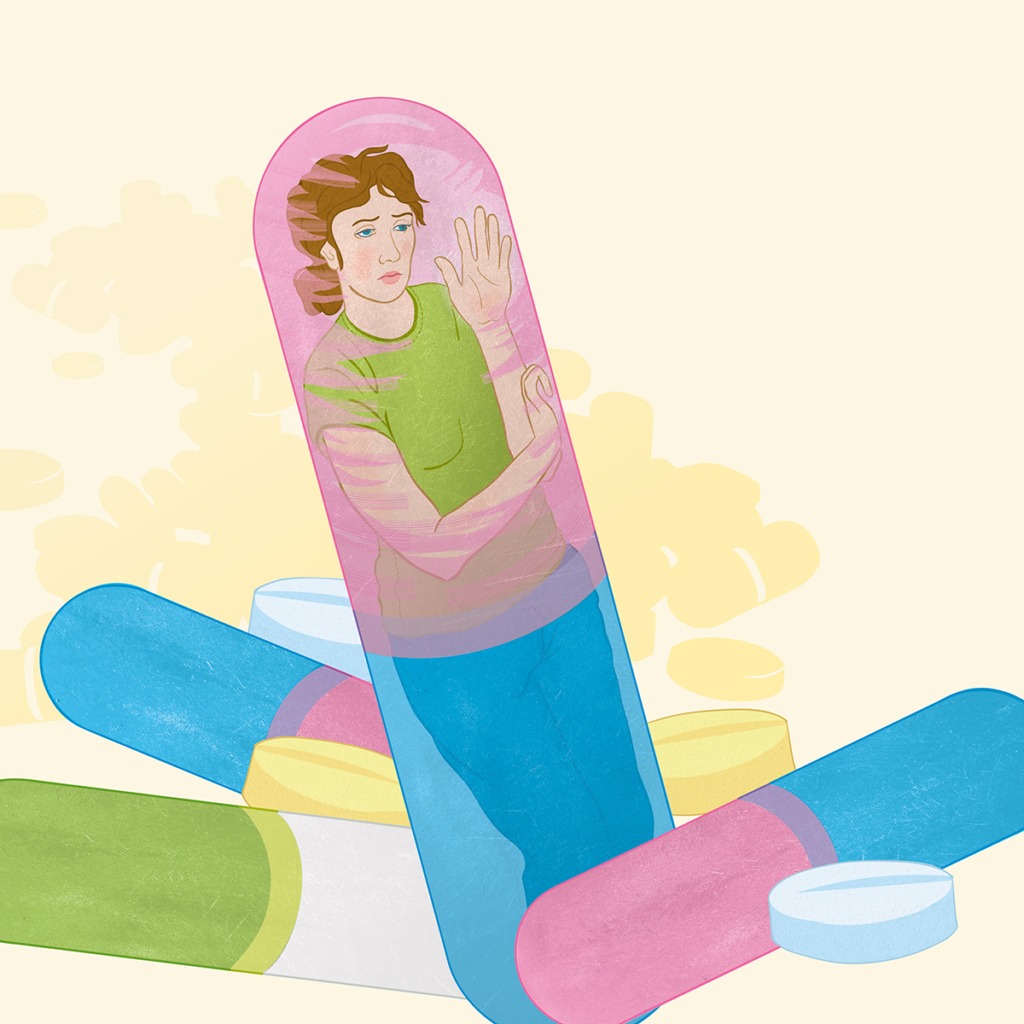 Symbolisk illustration som visar kvinna som medicinerar med psykofarmaka