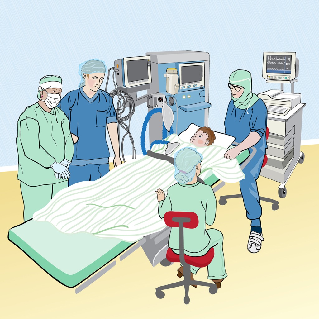 Illustration som visar operationssal med all sjukvårdspersonal och pasient och teknisk utrustning.