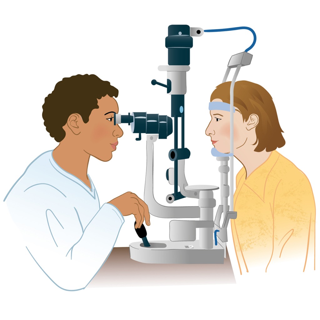 Illustration av en oftalmolog som kikar in i patientens öga